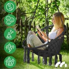 Boho Macrame Hanging Hammock Chair with Fringe – Black White Grey Rope Swing Seat, Heavy Duty Capacity, Indoor Outdoor Hanging Chair for Garden, Patio, Balcony, Bedroom - 彩色 - 查看 10