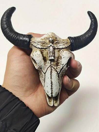 Vintage Bull Skull Wall Decor With Angel Figurine – Resin Western Cow Skull Sculpture For Rustic Home & Bar Decor