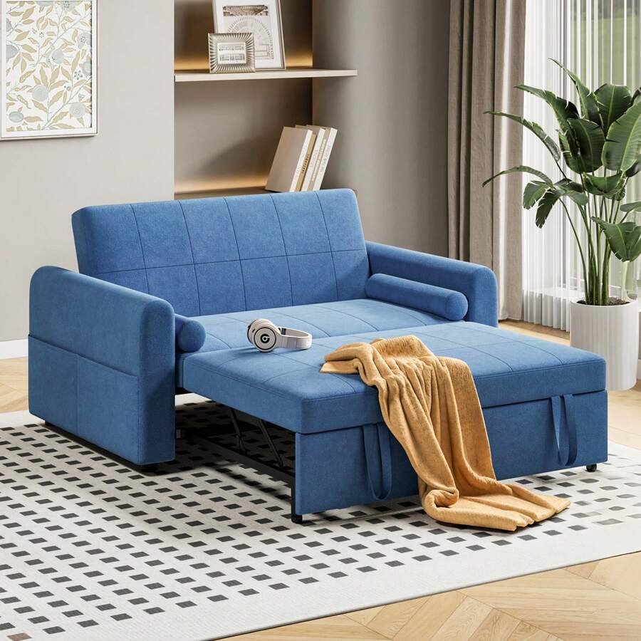 Jooli H 2 Seater Sofa Bed, 3-In-1 Convertible Pull Out Sleeper Sofa With 3-Position Adjustable Backrest, Side Pockets For Living Room, Guest Room, Blue - Blue - Two-seater - View 1