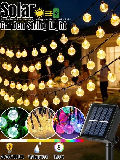 太阳能串灯 - 39.37/22.97/16.4 英尺，8 种闪烁模式，100/50/20 颗 LED 灯珠，IP65 防水，户外太阳能水晶球灯串，现代风格，塑料材质，适用于花园、庭院、围栏、墙壁、派对、婚礼、酒馆、凉亭、生日、节日装饰，花园装饰灯串（暖白/白/彩色）