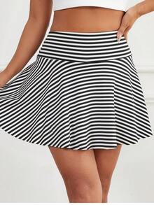 Women's Pocket Elastic Striped Double-Layer Sports Skirt Pants, Yoga Baseball Uniform Fitness Pants - Black and White - View 4