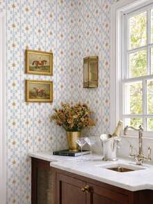 蓝色和米色复古中世纪自粘壁纸，几何星形图案中性北欧风格墙贴，复古现代设计 - A - 查看 5