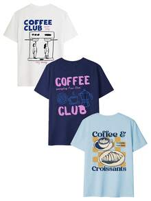 3pcs/Set Summer New Minimalist Mocha Coffee & Tea Cup Cartoon Graphic Print Casual Round Neck Short Sleeve T-Shirt, Fashionable & Versatile Women Tops - White, Navy Blue, and Light Blue - View 3