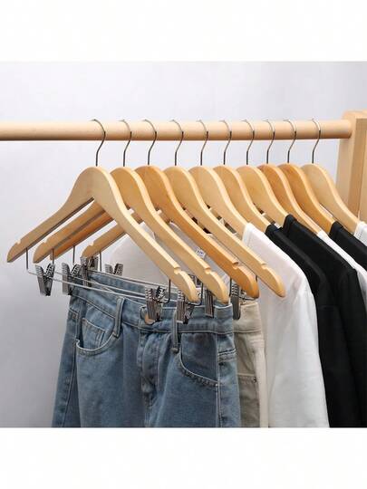 5/10 قطعة شماعات خشبية ممتازة مع مشابك قابلة للتعديل، شماعات خشبية للبنطلونات مع أخاديد للأكتاف مناسبة للمعاطف والجاكيتات والبنطلونات والتنانير والجينز والقمصان والشورتات والفساتين