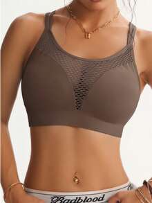 Runway Rest 女士交叉性感瑜伽文胸，镂空网眼透气无缝无钢圈运动文胸 - 棕色 - 查看 4