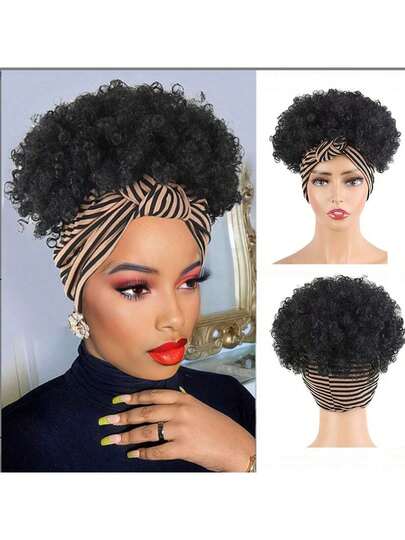 女士卷发假发，半截式发带假发，短款黑色假发，带发带，围巾式假发，条纹头巾式假发，短款蓬松深卷杰瑞卷发，合成假发