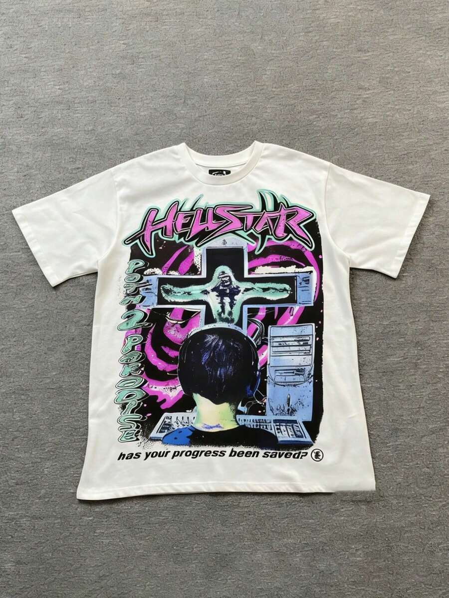 Hellstars Path 2 Paradise Progress Saved Computer Y2K Graphic T-Shirt,220g 100% Cotton,Round Neck Short Sleeve,Cream Streetwear Essential,Unisex Style - trắng - Xem 1