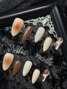 10片装杏仁美甲亚克力套装，棕色指甲，乳白色和棕色渐变，手绘不规则棕白线条，简约高端秋冬复古风，Y2K风格美甲套装，适合女性和女孩，可用于节日、日常、派对、聚会等场合（包含：一片果冻胶和一条摩擦条）美甲用品 - 棕色 - 查看 3