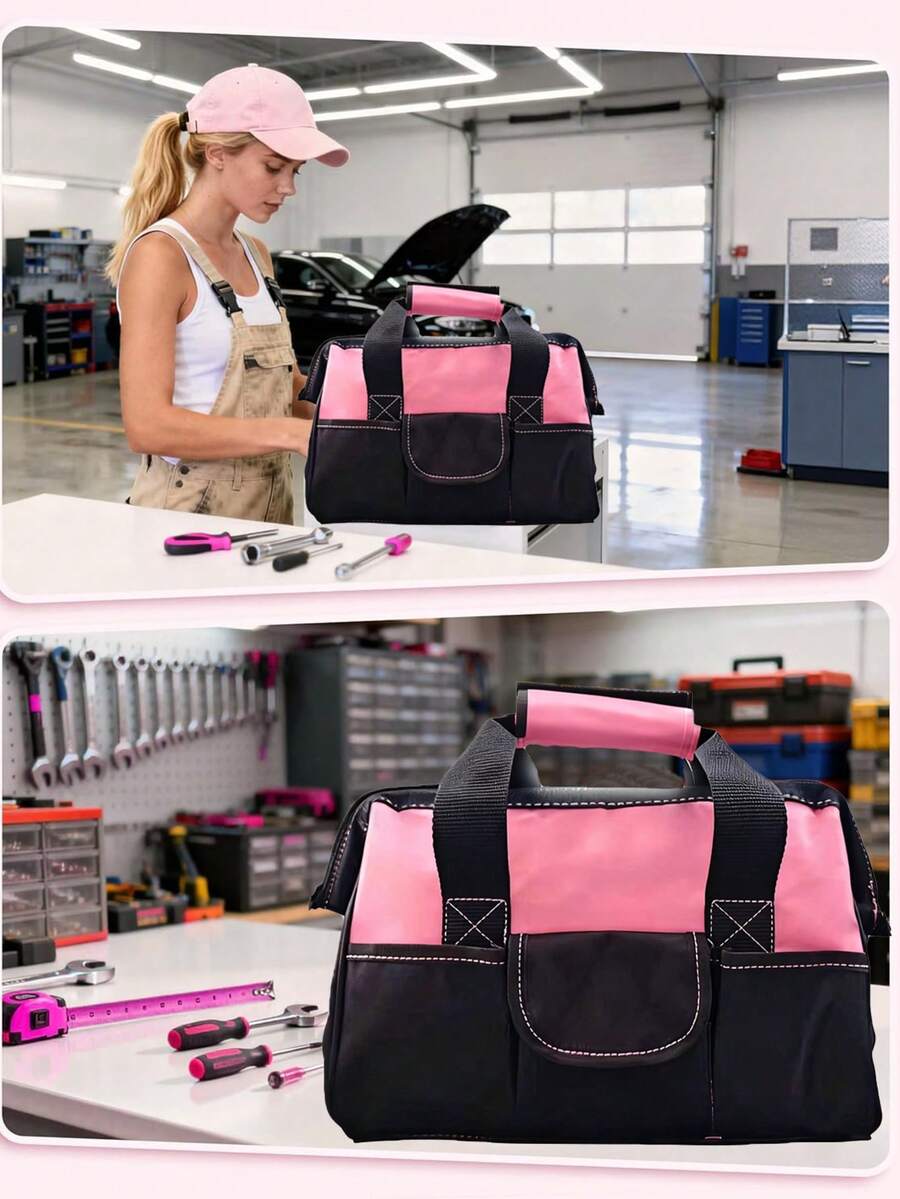 女士粉色工具包 - 带收纳口袋 - 适用于女士手动工具、电动工具套装等 - 女士拉链工具包整理包（仅含包）