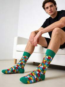 1 双男士绿色底色格子图案中筒袜，四季皆宜 - 彩色 - 查看 3