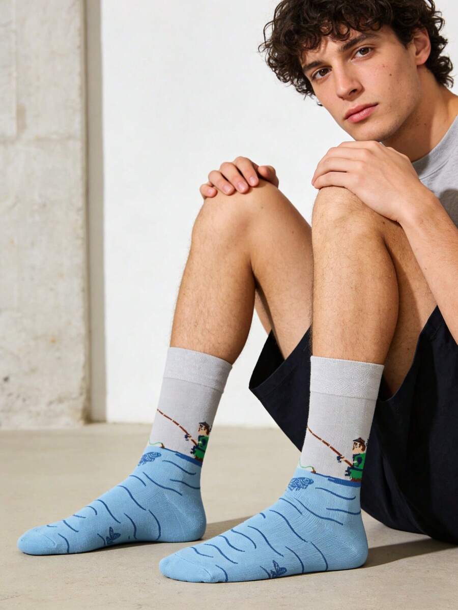 1 par de calcetines de media pantorrilla para hombres con patrón de pesca en contraste gris-azul, versátiles para todas las estaciones - Multicolor - Ver 1