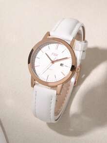 FIDI Women's Quartz Watch, White Leather Strap, Rose Gold Tone Case, 30M Waterproof, Date Display, Minimalist Fashion, Ideal For Casual Elegance - White - View 4