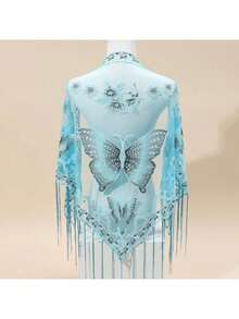 29.5inch * 55.1inch Triangle Scarf, Butterfly Flower Embroidered Lace Tassel Shawl, Elegant Breathable Windproof Outdoor Accessories - 黑色 - 查看 4