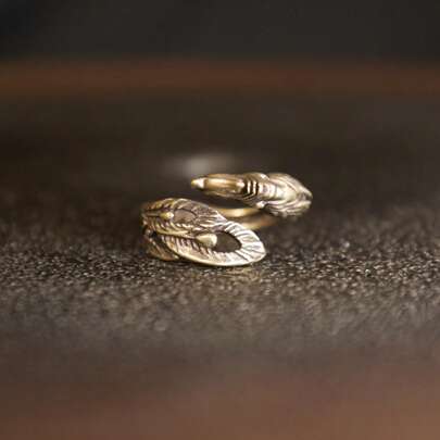 1 Peça Anel Artesanal Descontruído de Design de Asas Duplas Envolvido em Bronze Antigo, Textura Delicada de Pena com Design Estratificado, Estilo Envolvido Simboliza Conexão e Proteção, Adequado para Entusiastas de Nicho que Buscam Design Único para Uso Diário ou como Presente Significativo