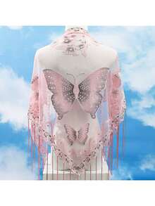 29.5inch * 55.1inch Triangle Scarf, Butterfly Flower Embroidered Lace Tassel Shawl, Elegant Breathable Windproof Outdoor Accessories - 黑色 - 查看 10