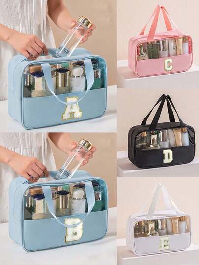 1 Stück - Multifunktionale PVC Kulturtasche, Kosmetiktasche mit großer Kapazität, DIY Buchstaben Design Kosmetiktasche, wasserdichte Reise Aufbewahrungstasche, einfacher Buchstaben Aufkleber Reise Kosmetiktasche, Reißverschluss wasserdichte Kosmetik Aufbewahrungstasche, geeignet für Reiseutensilien, Reiseaccessoires, Kreuzfahrt Essentials, Badezimmer Aufbewahrung