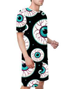 Ensemble de pyjama d'été pour hommes avec imprimé graffiti, composé d'un t-shirt doux et respirant à col rond et d'un short avec taille élastique. Vêtements de nuit confortables, vêtements de détente décontracté, un cadeau idéal pour un mari ou un petit ami. - Couleurs mélangées - Voir 2