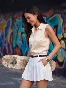 Chemise sans manches à col régulière en tissu tissé avec boutons devant pour l'été, pour femmes - Champagne - Voir 1