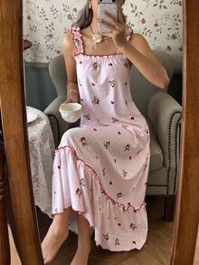性感提花印花吊带裙，女士休闲睡衣，夏季 - 粉色 - 查看 1