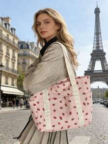 1个可爱草莓印花手提包，大容量单肩包，少女风手提包，上学/上班通勤包，春夏沙滩包，情人节/圣诞节礼物 - 淺粉色 - 查看 4