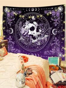 1件骷髅月亮印花挂毯，现代涤纶方形装饰壁挂，适用于客厅和卧室 - 彩色 - 查看 2