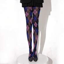 Women Argyle Plaid Mesh Tights High Waisted Preppy Sheer Stockings Slim Plaid Retro Pantyhose Lingerie Hosiery - 黃咖啡 - 查看 4