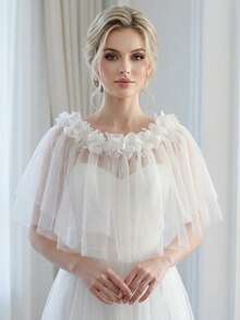1pc Elegant Bridal Short Shawl With 3D Floral Off-Shoulder Design, Suitable For Weddings, Parties, Easter - Milky - View 4