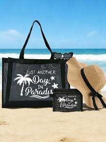 女士大号网眼沙滩手提包套装，印有“Just Another Day In Paradise”字样，包含网眼手提包、小收纳袋、草编遮阳帽和心形太阳镜，可作网眼沙滩包、个性化礼品袋、网眼化妆包、游泳沙滩包，轻便耐用，可重复使用。 - 彩色 - 查看 15