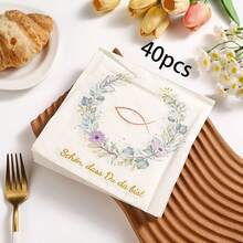 20/40/60 chiếc, Khăn giấy ăn phong cách Boho Cơ Đốc giáo, 2 lớp, thiết kế vòng hoa bạch đàn và biểu tượng cá, kích thước 13x13 inch, không mùi, thích hợp cho lễ rửa tội, lễ rước lễ lần đầu, trang trí bàn tiệc cưới. - Xem 8