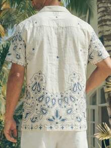 地中海风男士提花衬衫，蓝色提花花卉图案，透气夏季度假衬衫，休闲波西米亚海滩纽扣衬衫 - 彩色 - 查看 4