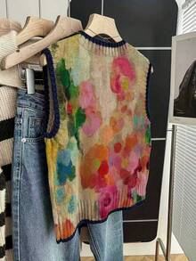 Áo vest dệt kim họa tiết hoa trừu tượng dành cho nữ, độ co giãn vừa phải, dáng regular fit. - Màu Khaki - Xem 2