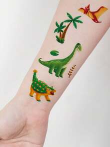 恐龙临时纹身贴纸，10张，包含120个卡通恐龙元素系列图案，霸王龙、剑龙、三角龙、恐龙蛋图案临时纹身贴纸，生日派对礼物趣味艺术假纹身贴纸 - 彩色 - 查看 6