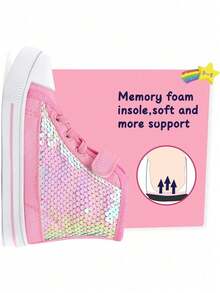 High Top Kids Sneakers Breathable Non Slip Glitter Canvas Shoes Cute Hook Loop Walking Casual Shoes For Toddler Boys And Girls Everyday Wear - Kim sa màu hồng - Xem 9
