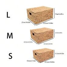 1个/3个（小号+中号+大号）带盖长方形柳条收纳篮，波西米亚风格水葫芦编织整理篮，带内置提手，手工编织收纳篮，适用于客厅置物架、卫生纸、桌面杂物、玩具、钥匙、化妆品收纳，家居装饰 - 卡其色 - 查看 12
