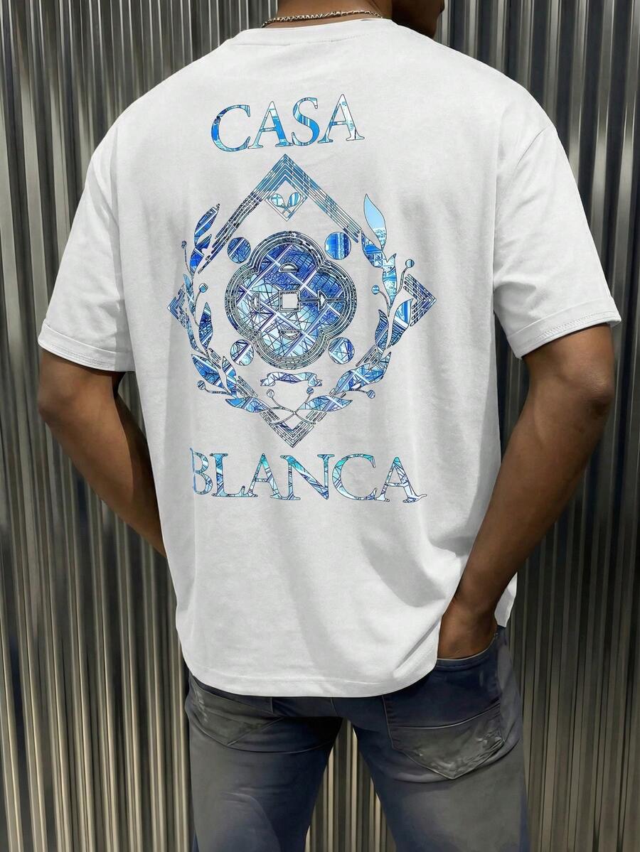 Blue T-Shirt With Geometric Floral Pattern, Casual Men's Top With Round Neck, A Fresh Summer Style. - 白色 - 查看 1