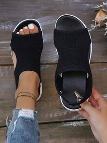 新款夏季女士针织凉鞋，软底镂空凉鞋，黑色针织凉鞋，女士百搭防滑厚底休闲凉鞋，女士轻便镂空针织凉鞋，女士针织凉鞋，软底防滑日常通勤百搭凉鞋，黑色针织凉鞋，女士透气厚底凉鞋 - 黑色 - 查看 3