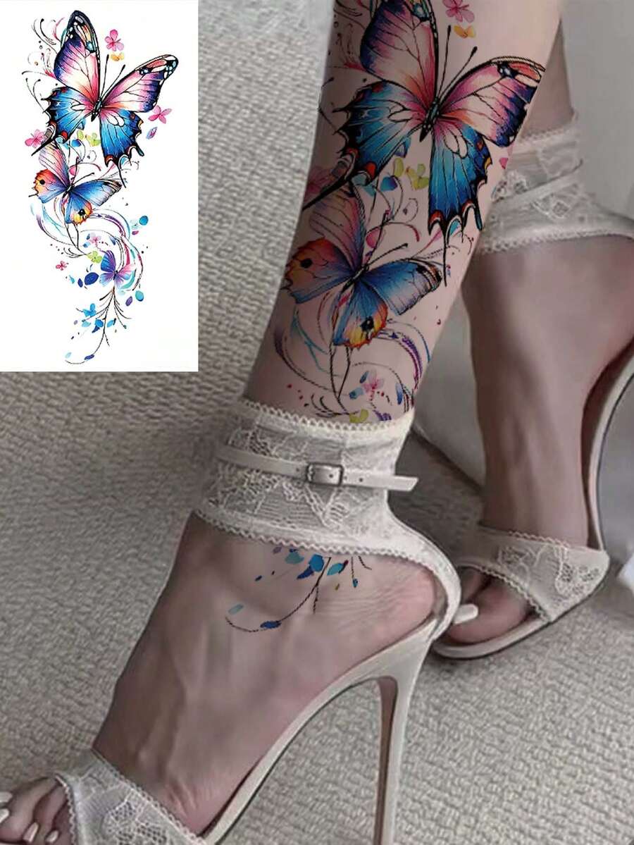 1pc Colorful Butterfly Temporary Tattoo Sticker, Waterproof Fake Tattoo Suitable For Women, Lasts 3-5 Days, Body Decoration Covers Scars, Suitable For Parties, Gifts, Vacations, Easy To Apply And Remove One-Time Tattoo Sticker - Black - View 1