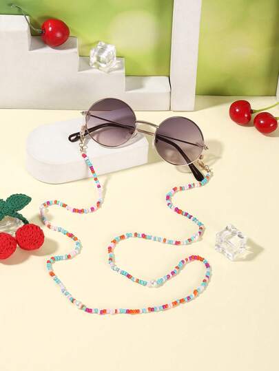 1 PC Girls' 4-8 Years Old Metal Frame Round Fashion Glasses, Lightweight Frame And A Colorful Beaded Glasses Chain Suitable For Holiday Travel And Outdoor Activities, Comes With A Glasses Case