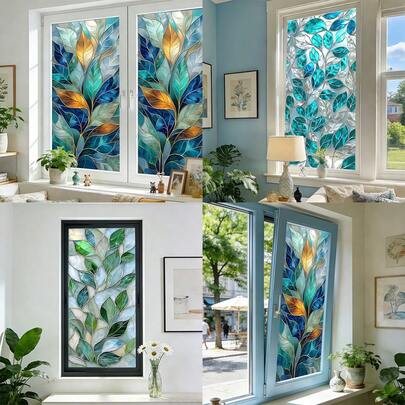 1/3 قطعة من ملصق زجاج ملون للخصوصية، بنمط أوراق نباتية مطفأة، قابل للإزالة لغرف المعيشة والنوم والحمام، ملصق زجاج ثابت لديكور المنزل