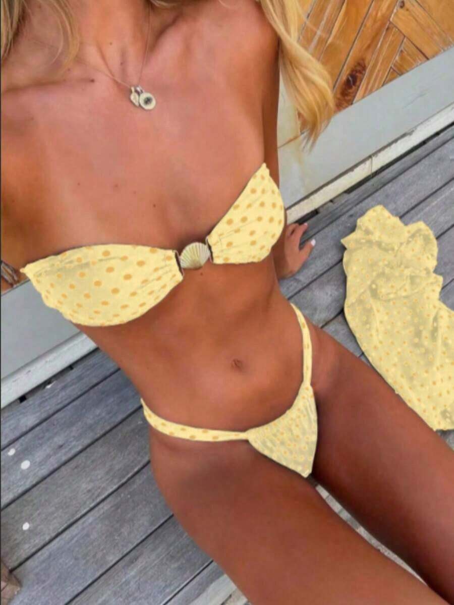 Women's Summer New Arrival: European & American Style, Sexy, Casual, Brown & White Polka Dot, Strapless, Beach Vacation, Bikini Swimsuit - Màu vàng - Xem 1