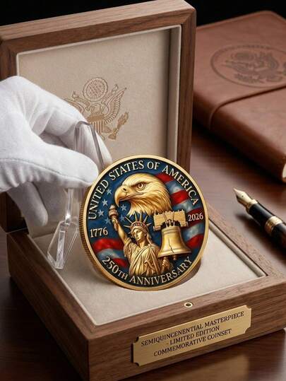 각인된 복제 동전 (선물 상자 없음), 250주년 자유 기념 동전 컬렉션 세트 (1776-2025), 국회 의사당 및 독수리 문양의 복제 군사 챌린지 동전, 수집가 등급 메달, 플라스틱 상자 포장, 한정판 역사 애호가 및 수집가 선물