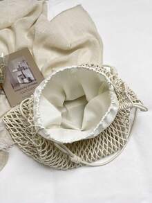 女士镂空钩编单肩手提包 夏季海滩度假手工编织大号包 - 米色 - 查看 7