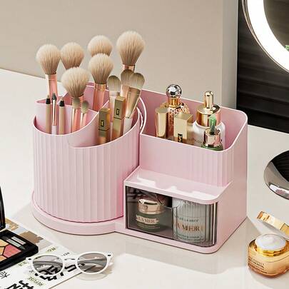 1pc 360° Rotating Vanity Makeup Organizer Box, Large Capacity With Drawers Brush Holder