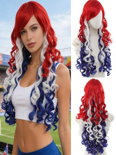 28英寸长蓝红白三色卷发假发，带刘海，角色扮演假发，耐热合成纤维假发，适合女性，万圣节适用