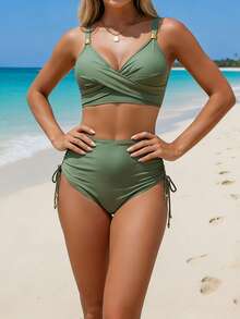 Women High Waisted Bikini Twist Ruched Bra And Drawstrings Tummy Control Bottoms Sets For Summer Beachwear - 軍綠色 - 查看 3