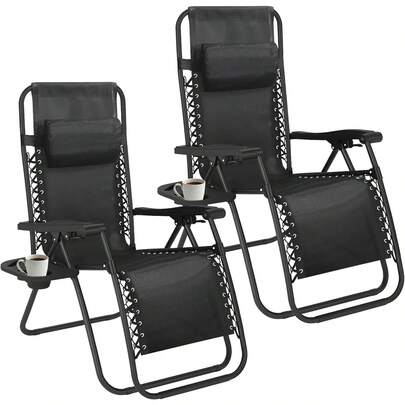 Set Of 2 Folding Reclining Adjustable Zero Gravity Lounge Chairs