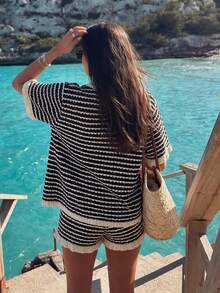Senya Women's 2-Piece Set: Loose Striped V-Neck Drop Shoulder Short Sleeve Crochet Swimsuit Cover-Up And Elastic Waist Striped Black Shorts Spring/Summer Knit Outfit, Suitable For Commuting, Casual Vacation, Beach, Singles Party And Pool Party - Black and White - View 7