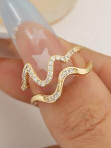 两件套不对称波浪形水晶镶嵌时尚戒指，适合女士日常佩戴 - 戒指套裝 - 查看 1