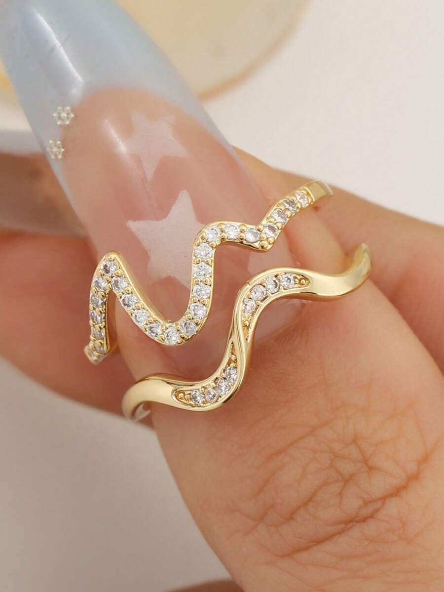 两件套不对称波浪形水晶镶嵌时尚戒指，适合女士日常佩戴 - 戒指套裝 - 查看 1