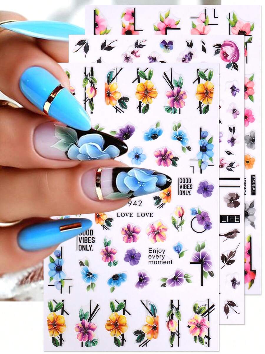 3D彩色花朵线条美甲贴纸3片装，色彩鲜艳，包含芙蓉花、樱花、玫瑰花瓣和绿叶，几何线条设计，DIY春夏复古优雅花卉印花自粘凝胶指甲油美甲贴纸，滑动式美甲装饰 - 彩色 - 查看 1